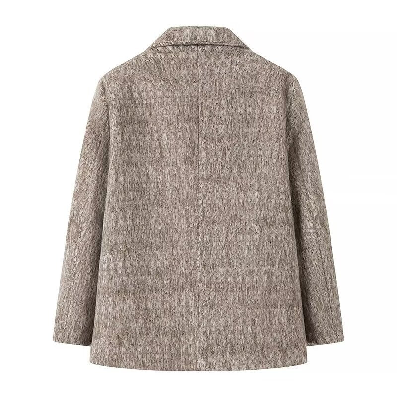 Women's Boxy Wool Blend Blazer Coat with Boucle Structure, Notched Lapel and Flap Pockets Chichicherry