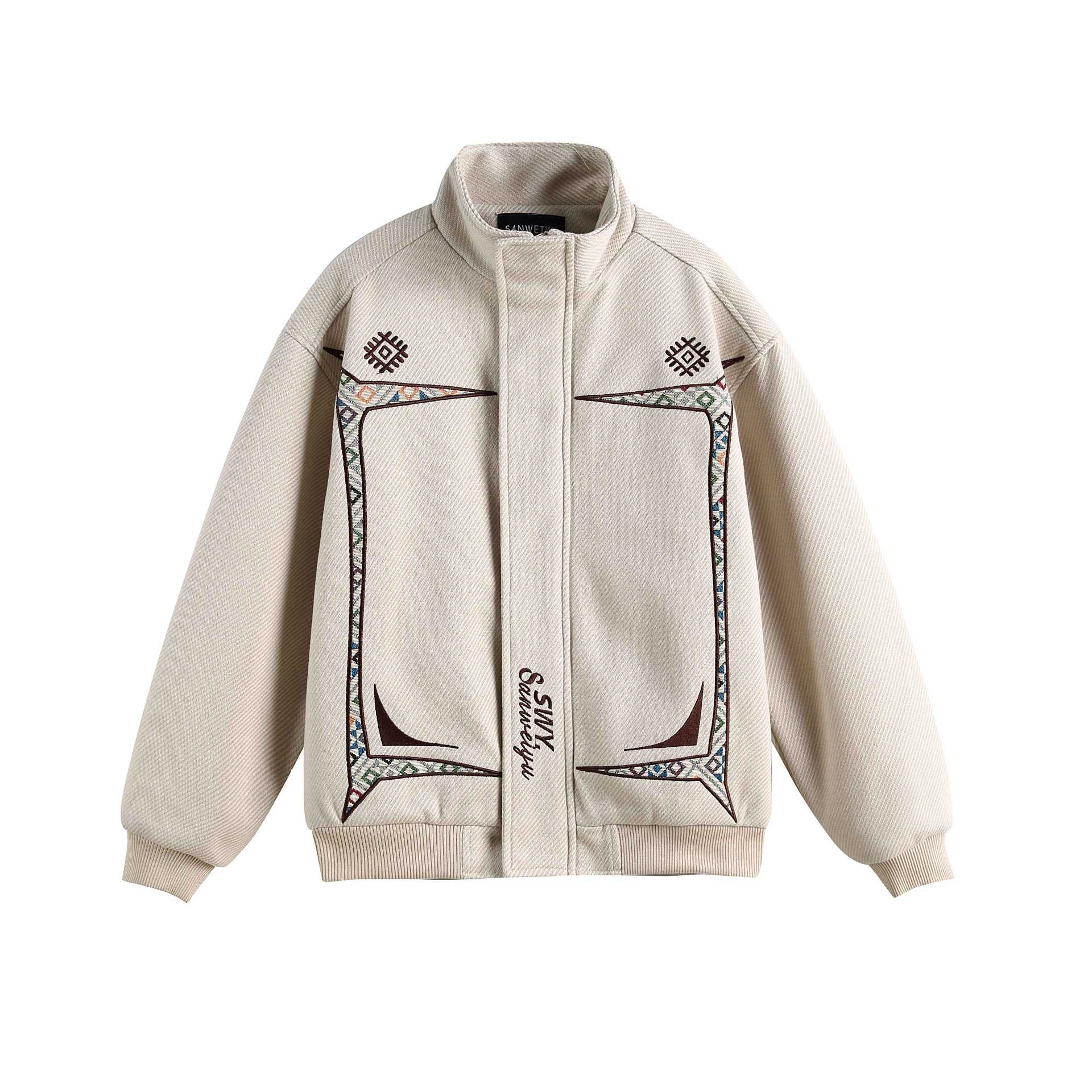 Women Lightweight Stand Collar Jacket with Folk Embroidery Appliqués and Ribbed Cuffs Chichicherry
