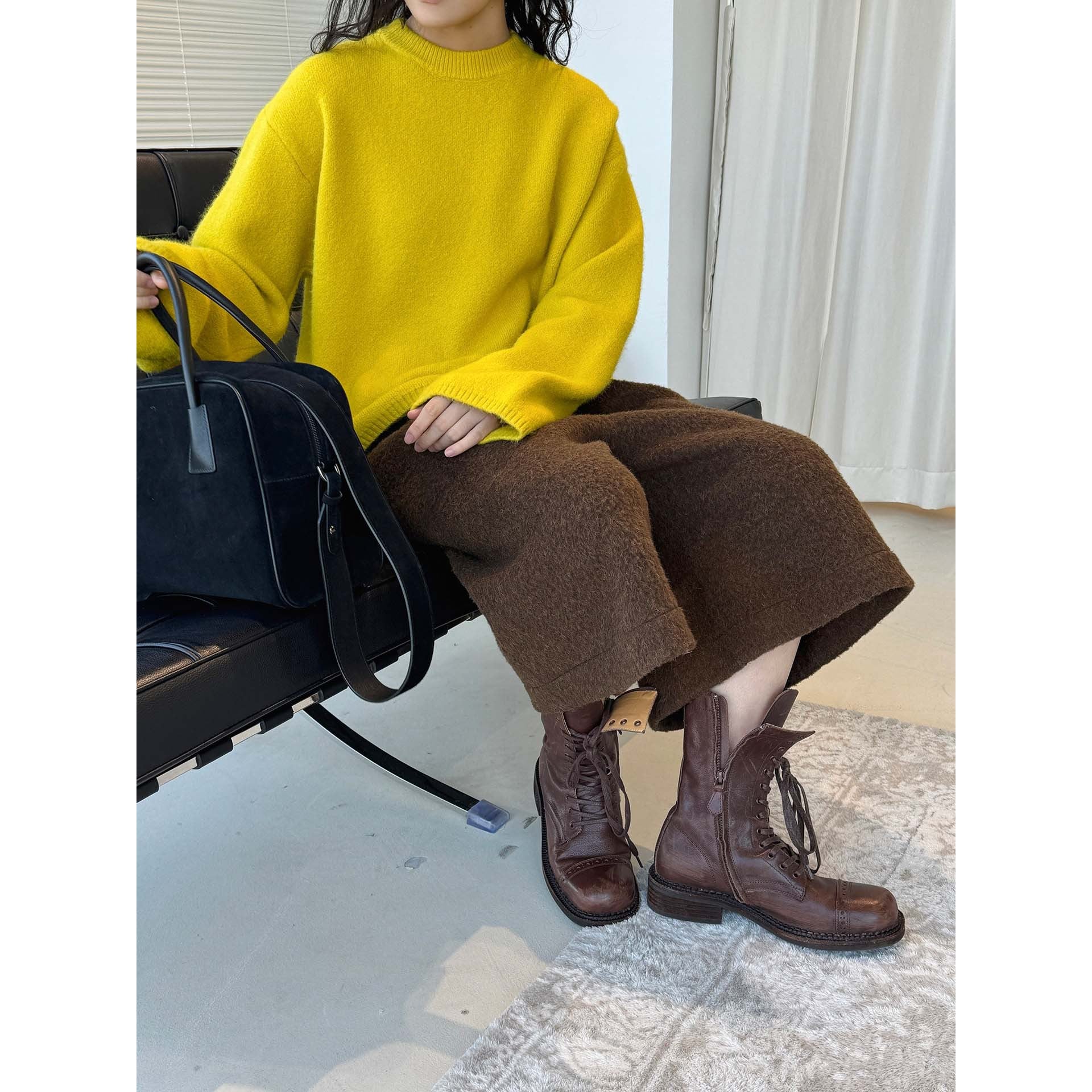 Women Soft Angora-Optic Round Neck Sweater with Loose Oversize Silhouette Chichicherry