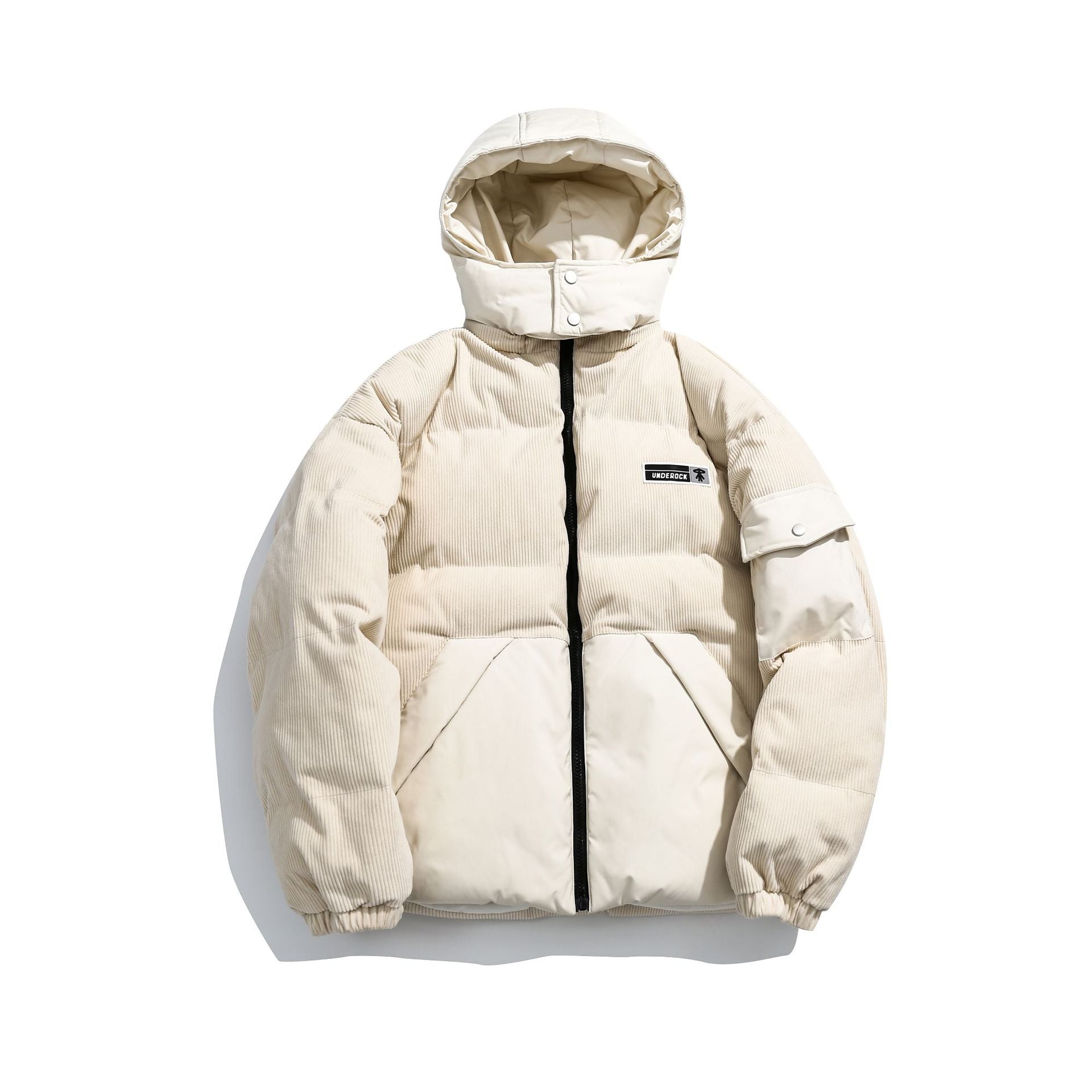 Women's cord quilted puffer jacket with hood and utility arm pocket Chichicherry