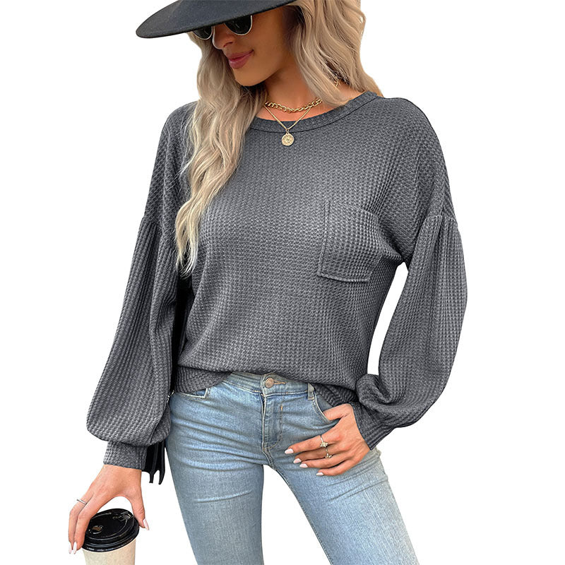 Women's waffle knit long sleeve with balloon sleeves, chest pocket and wide hem Chichicherry