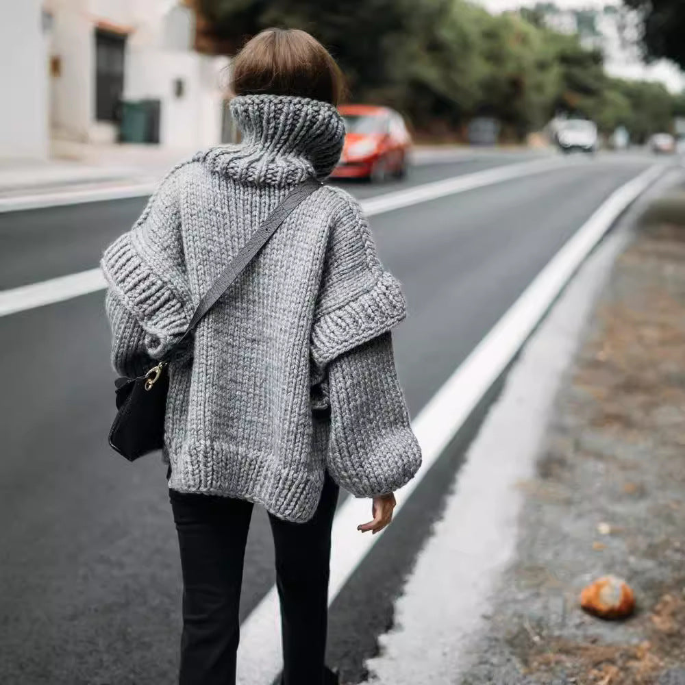 Damen Oversize Grobstrickpullover mit hohem Rollkragen Chichicherry