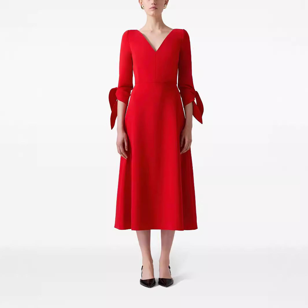 Women's Tailored Midi Dress with V-Neck and Bow Cuffs Chichicherry