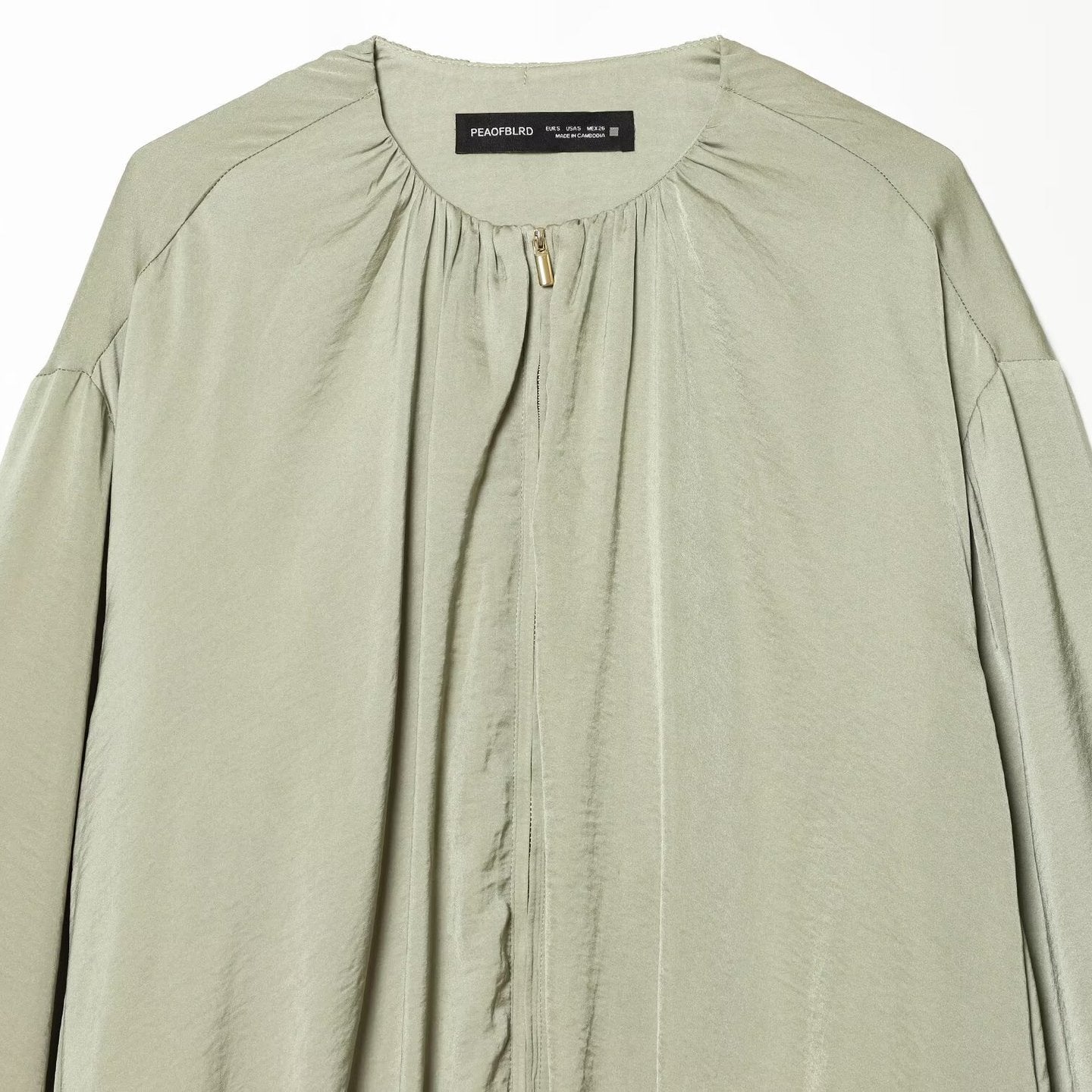 Women's Lightweight Cropped Blouson Jacket with Round Neck, Balloon Sleeves, and Drawstring Hem Chichicherry