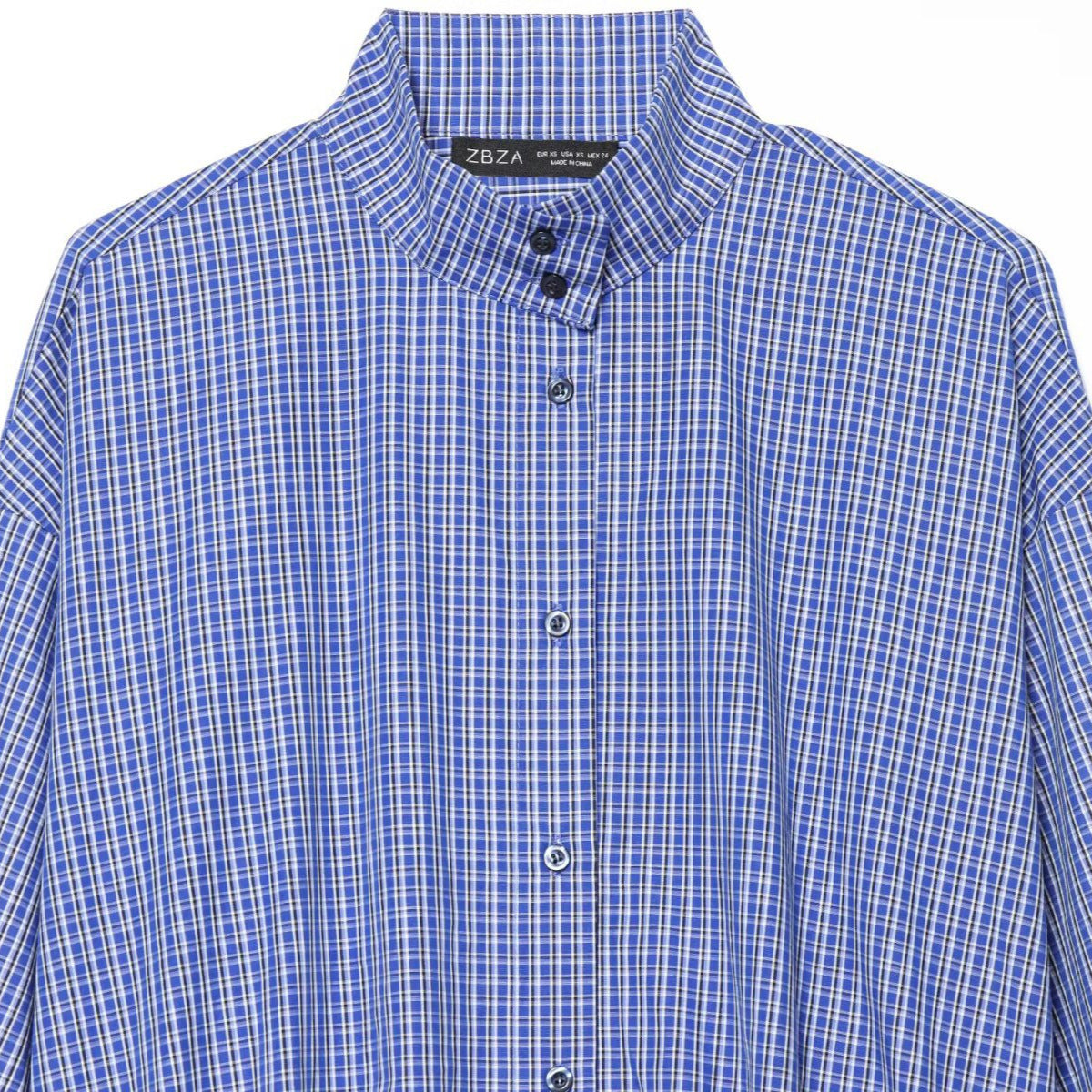 Women's checkered short-cut blouse shirt with stand collar, balloon sleeves, and drawstring
