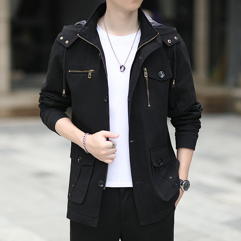 Men's lightweight canvas field jacket with hood, multifunction pockets and zipper Chichicherry