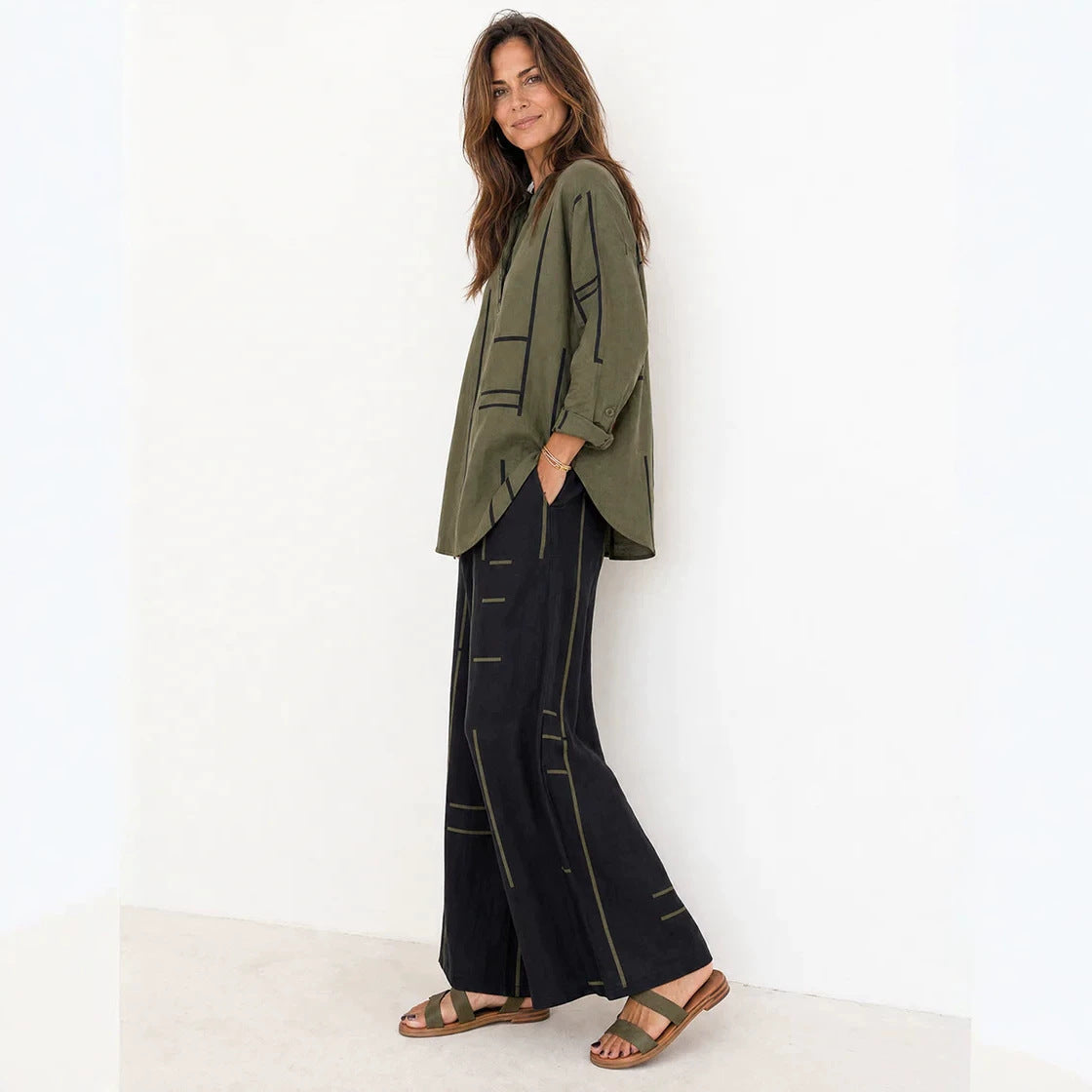 Women Loose Shirt Blouse and Palazzo Pants Set in Linen Look Chichicherry