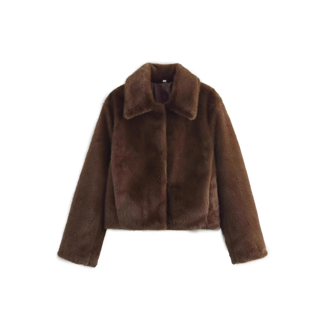 Women's Short Boxy Faux Fur Jacket with Shirt Collar and Dense High-Pile Texture Chichicherry