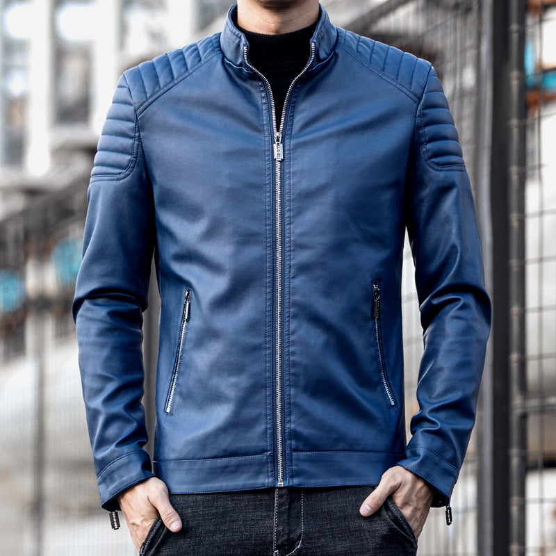 Men's Slim Faux Leather Bomber Jacket with Padded Shoulder Quilting and Stand Collar Chichicherry