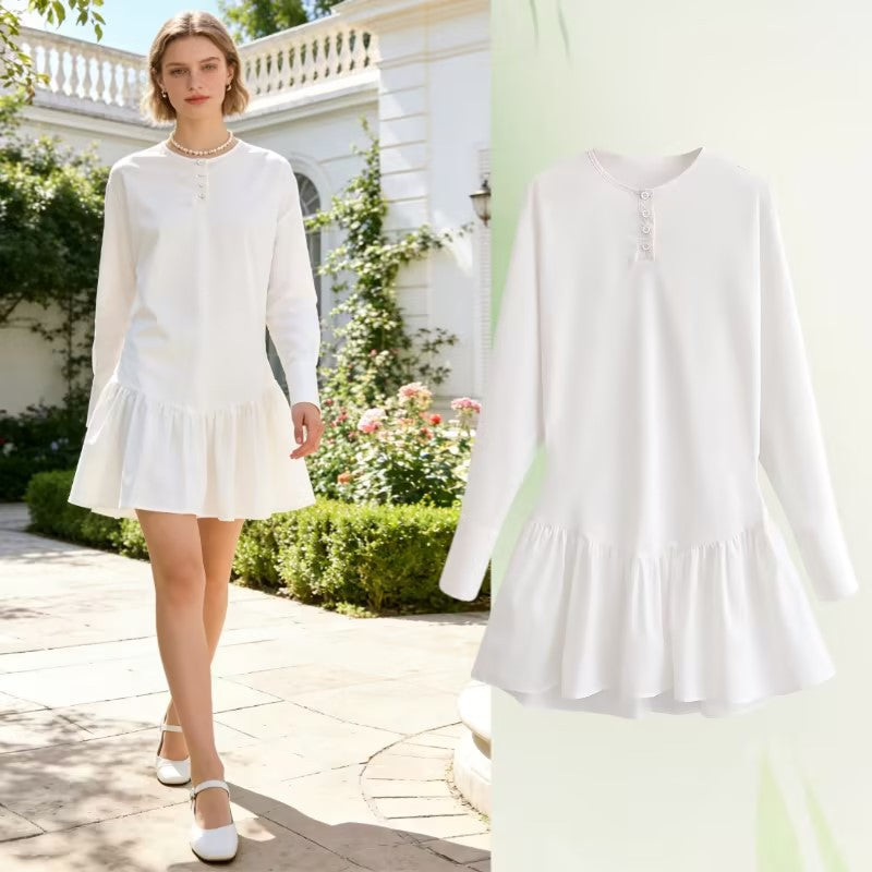 Women Loose Long Sleeve Tunic Dress with Henley Button Placket and Tiered Skirt Chichicherry