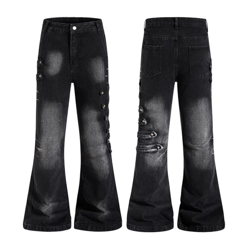 Ladies Wide Jeans Pants with Used Effect and Side Decorative Button Strips Chichicherry