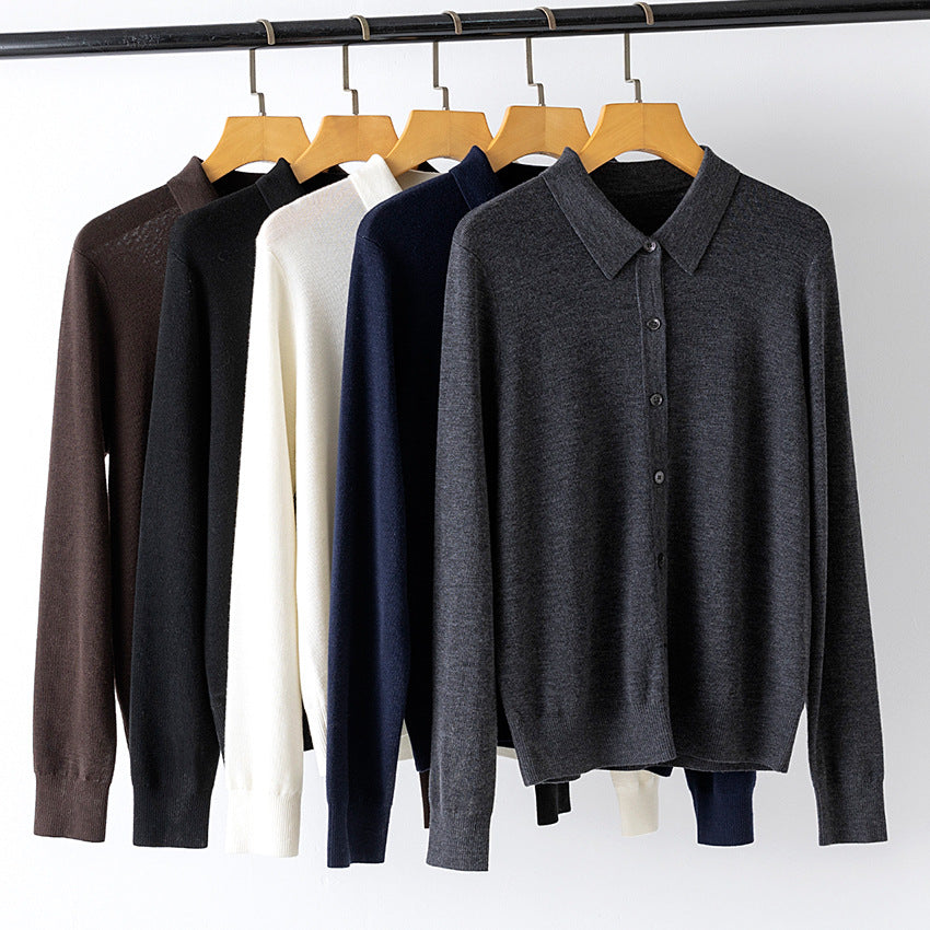 Women Fine Knit Cardigan with Shirt Collar and Continuous Button Placket Chichicherry