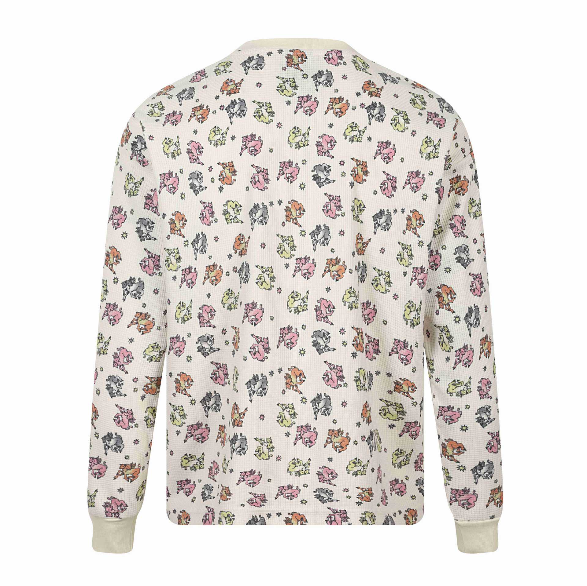 Women's waffle thermal shirt with playful all-over print and ribbed round neck