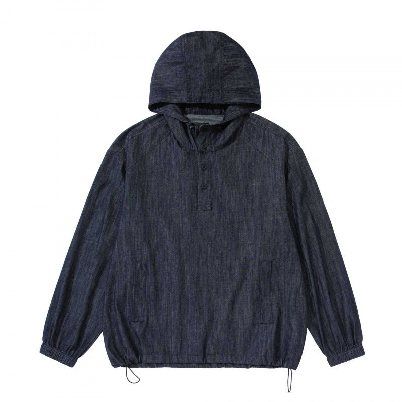 Unisex Denim-Blend Hooded Pullover in Overshirt Style with Henley Button Placket Chichicherry