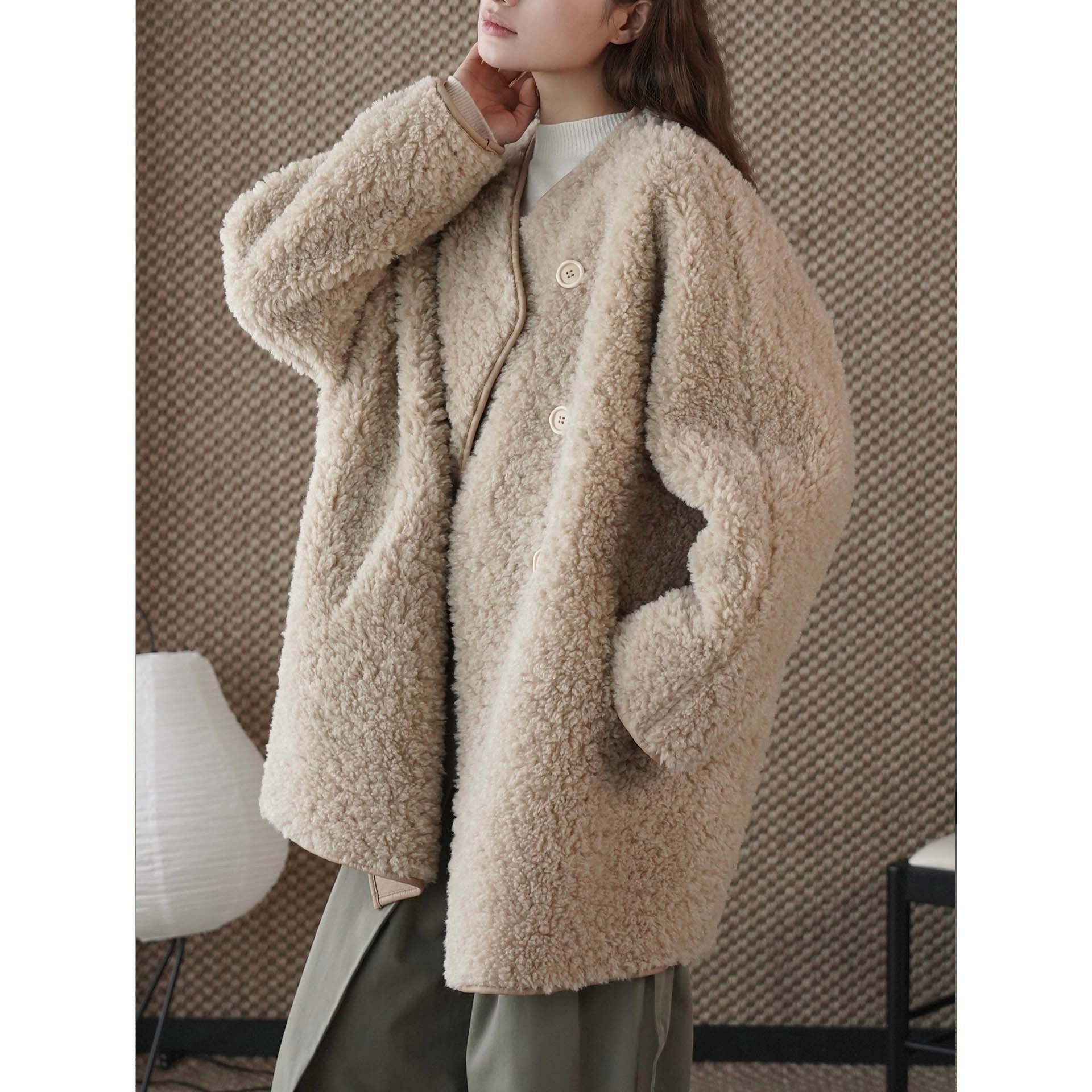 Women Short Jacket Teddy Fleece with Button Front and Contrasting Edge Finish Chichicherry