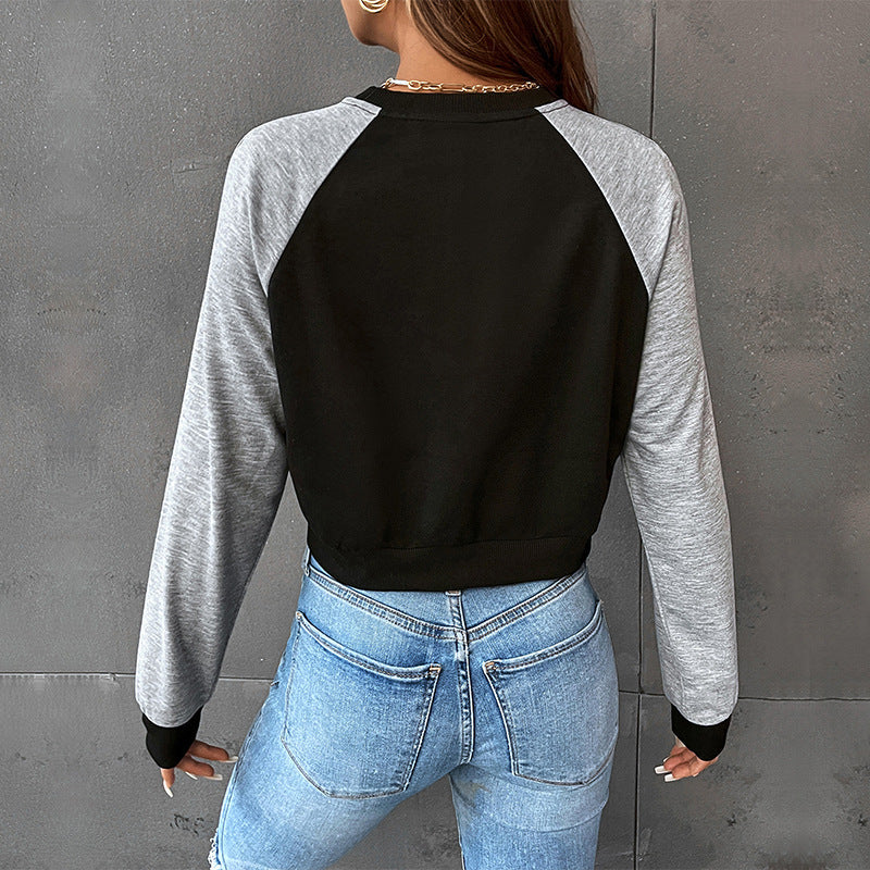 Women Short-Cropped College Sweatshirt with Raglan Sleeves and Elastic Hem Chichicherry