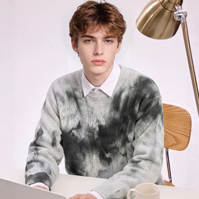 Herren Oversize-Strickpullover mit Batikoptik, Rundhalsausschnitt und Rippbündchen Chichicherry