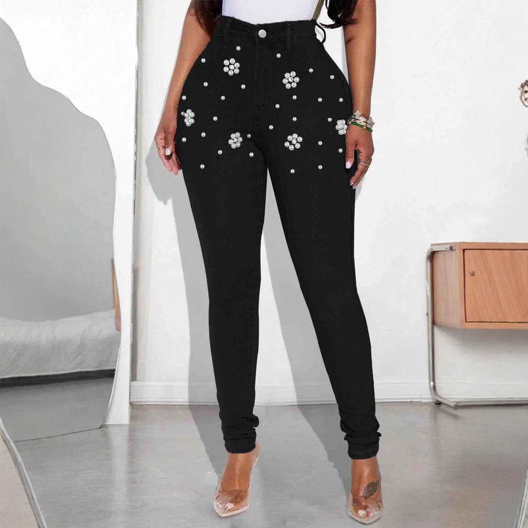 Women's High-Waisted Skinny Jeans with Pearl and Crystal Flower Decoration Chichicherry