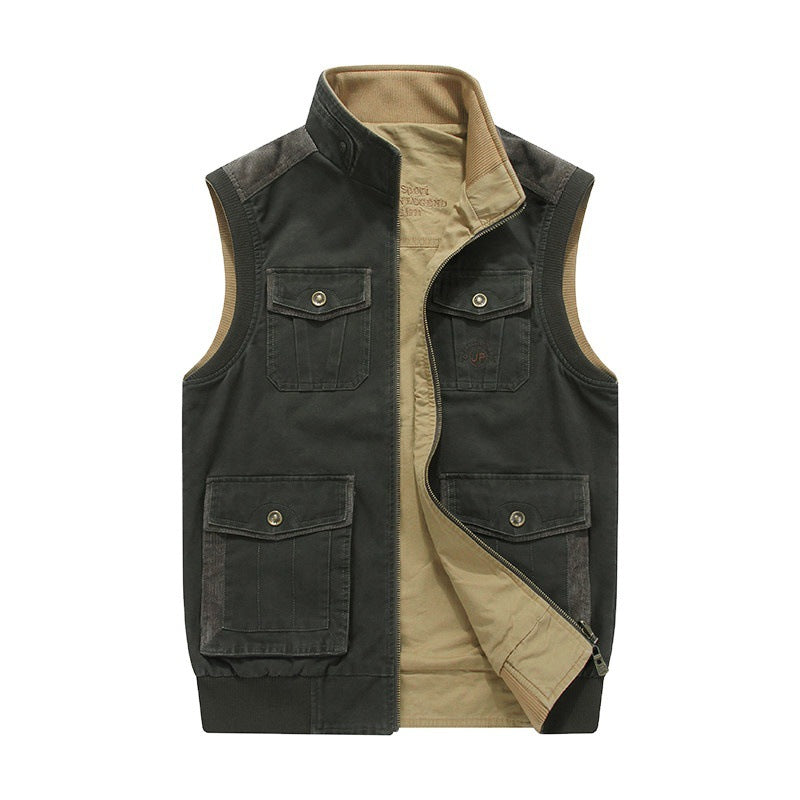 Men's Canvas Utility Vest with Multiple Pockets Stand Collar and Zipper Chichicherry