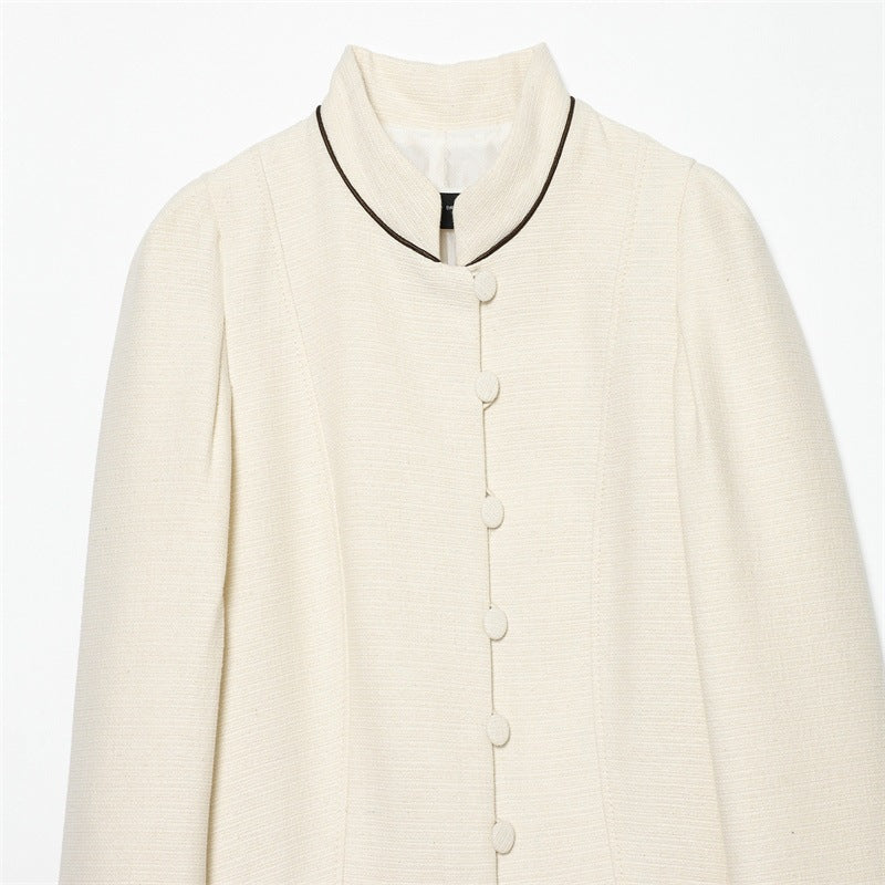 Women Bouclé-Tweed Short Jacket with Stand-Up Collar, Tailored Cut and Contrast Piping Chichicherry