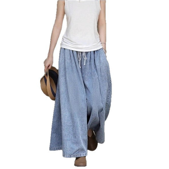 Women's Long Denim Maxi Skirt with Drawstring Waist, Wide A-Line Cut and Side Pockets Chichicherry