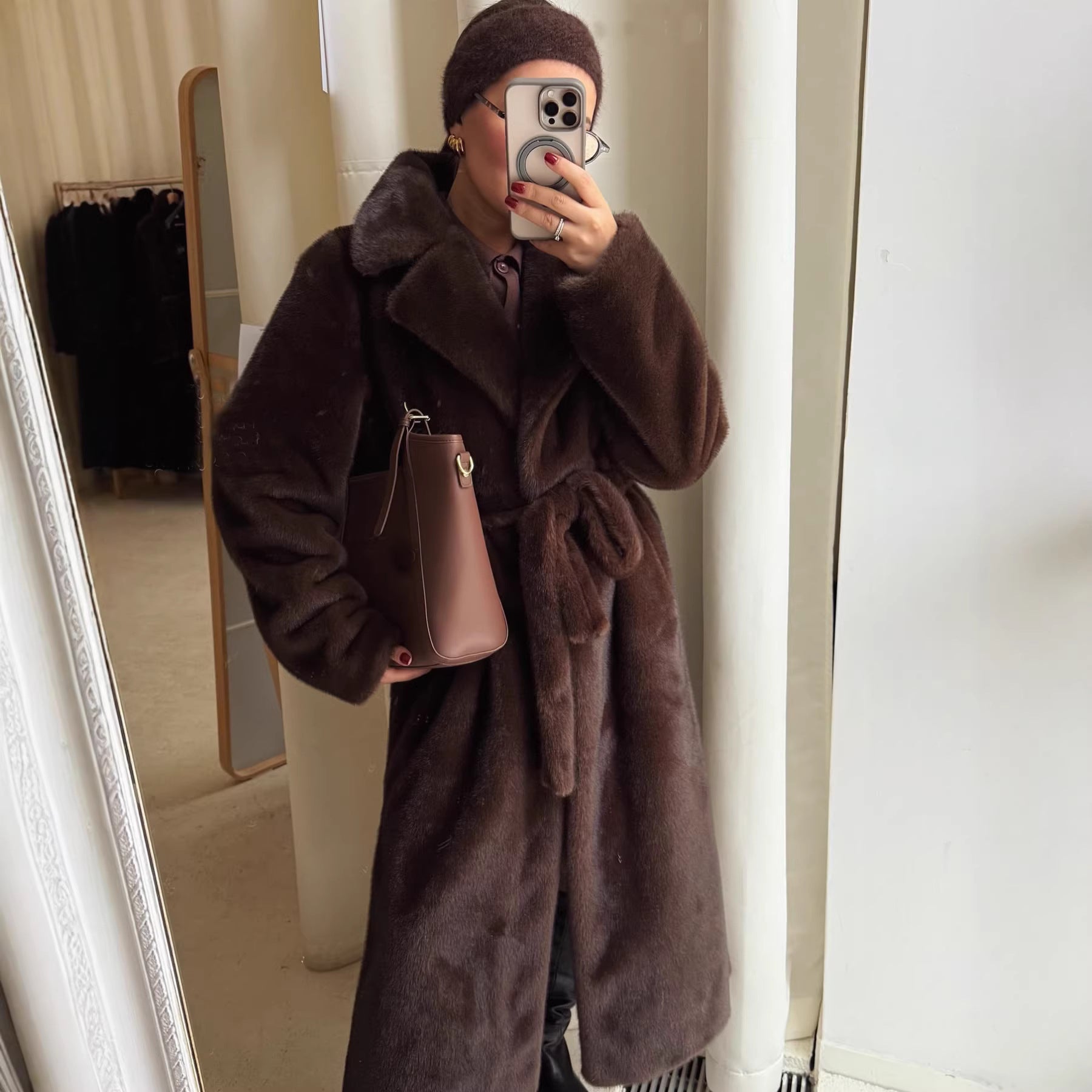 Women's elegant long pile faux fur coat with hood and tailored silhouette Chichicherry