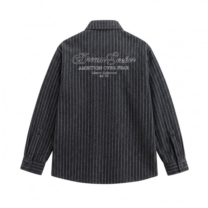 Unisex Overshirt Shirt Jacket with Pinstripes and Patch Pocket Chichicherry