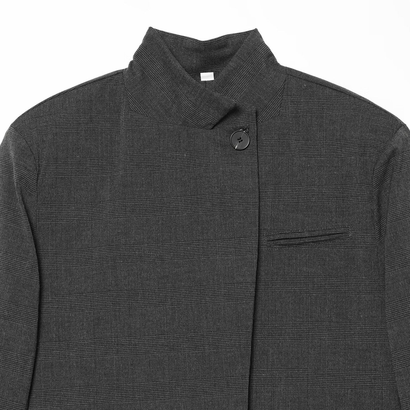 Women Checked Long Blazer with Stand Collar, Concealed Button Placket and Flap Pockets Chichicherry