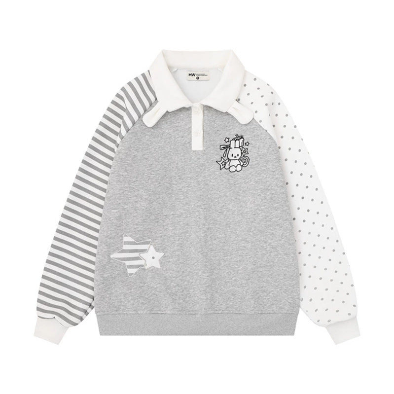 Women's Long Sleeve Polo Sweatshirt in Patchwork Style with Contrasting Sleeves and Star Applications Chichicherry