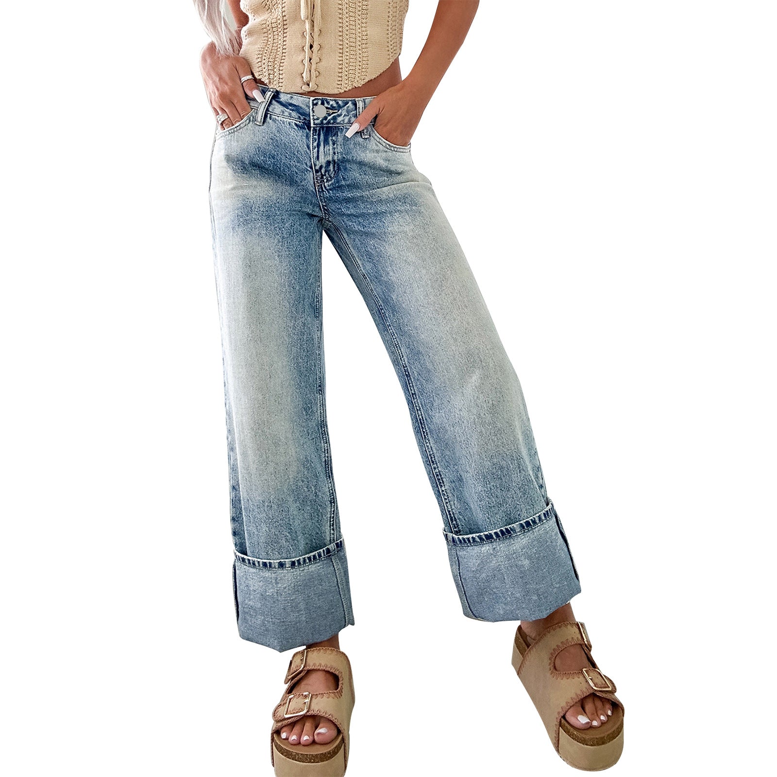 Women Wide High-Waist Jeans with Wide Cuff Chichicherry