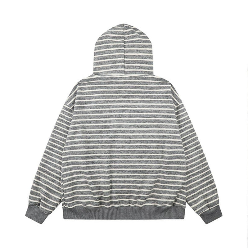 Women's Oversize Hooded Sweat Jacket with Striped Jacquard, Full Zipper and Faux Fur Hood Chichicherry