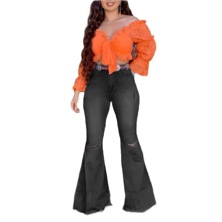 Women's High-Waisted Flared Jeans with Flared Leg, Knee Rips, and Figure-Enhancing Stretch Waistband Chichicherry