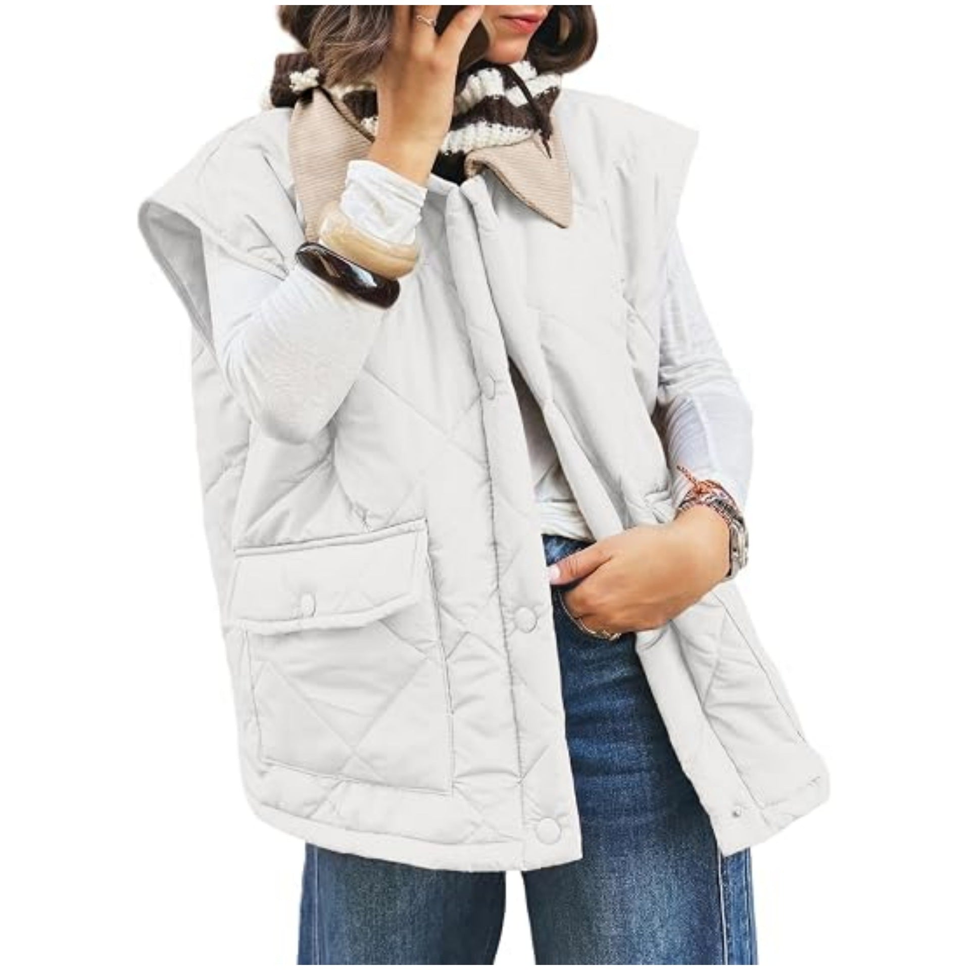 Women's Oversize Padded Vest with Snap Pockets and High Collar Chichicherry