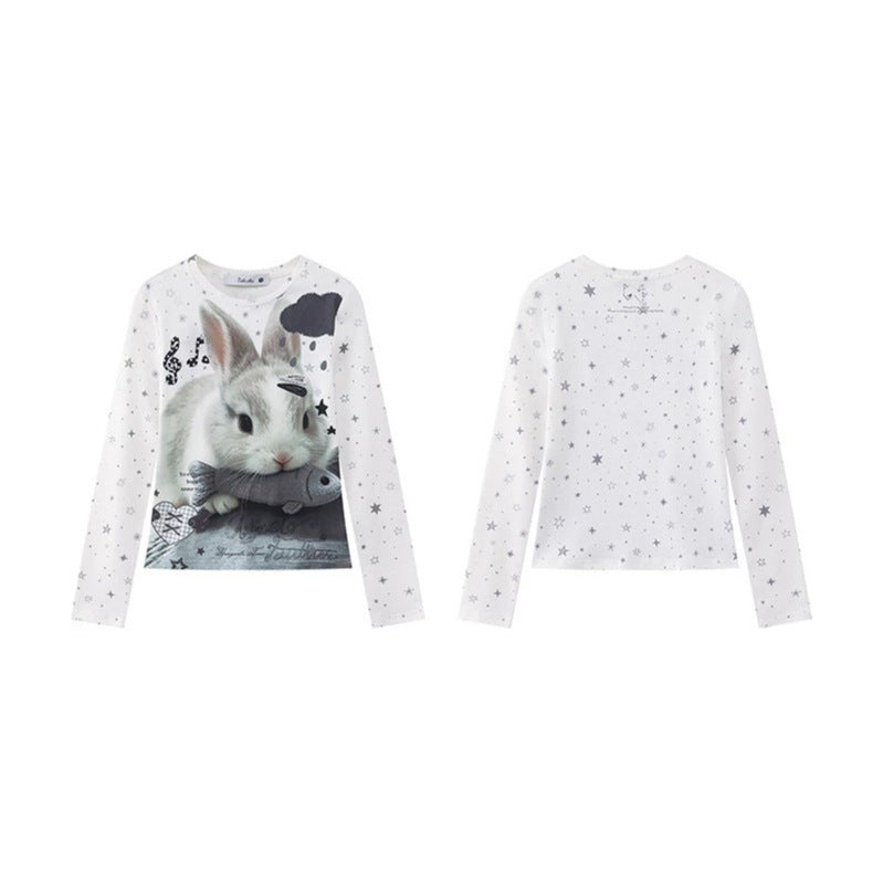 Women's long-sleeve shirt with photorealistic rabbit photo print, allover star pattern and elastic jersey fabric