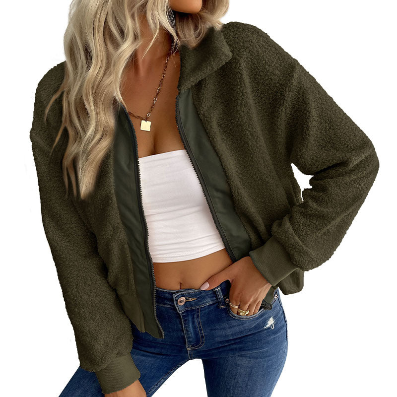 Women's Teddy Fleece Bomber Jacket with Stand-Up Collar, Full Zipper and Ribbed Cuffs Chichicherry
