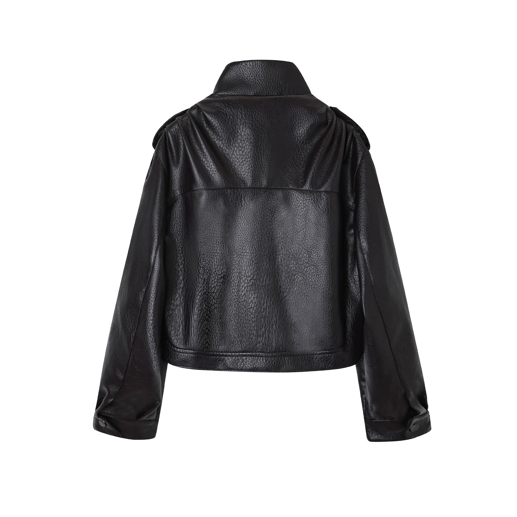 Women's short jacket in utility look made of structured faux leather with high stand-up collar and adjustable waist belt Chichicherry