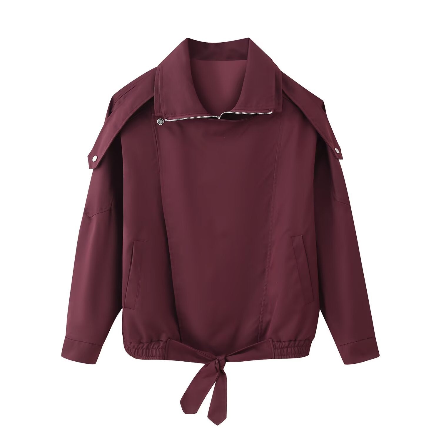 Women's oversized bomber jacket with asymmetric placket front, standing collar, and drawstring hem Chichicherry