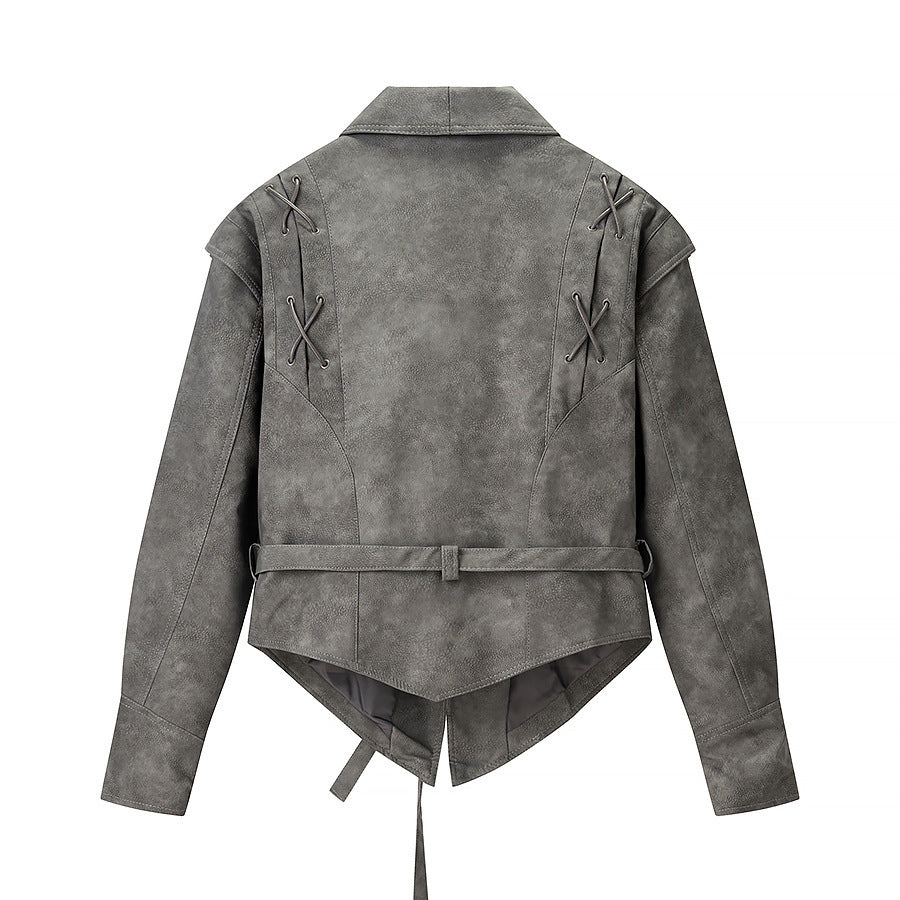 Women's short jacket in velour look with wrap belt and lacing detail Chichicherry