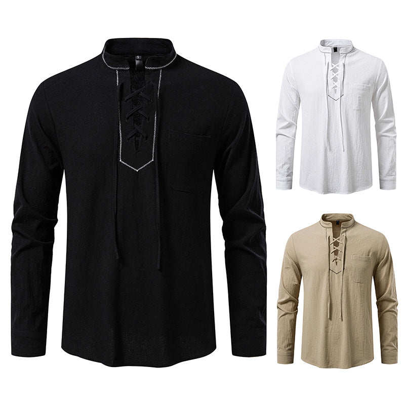 Men's Lightweight Cotton Blend Henley Shirt with Lace Placket and Stand-Up Collar Chichicherry