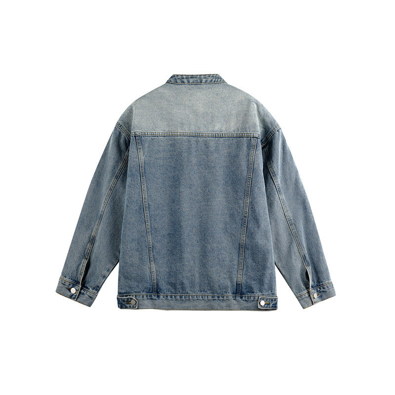 Unisex Boxy Denim Jacket in Workwear Style with Curved Seam and Stand-Up Collar Chichicherry