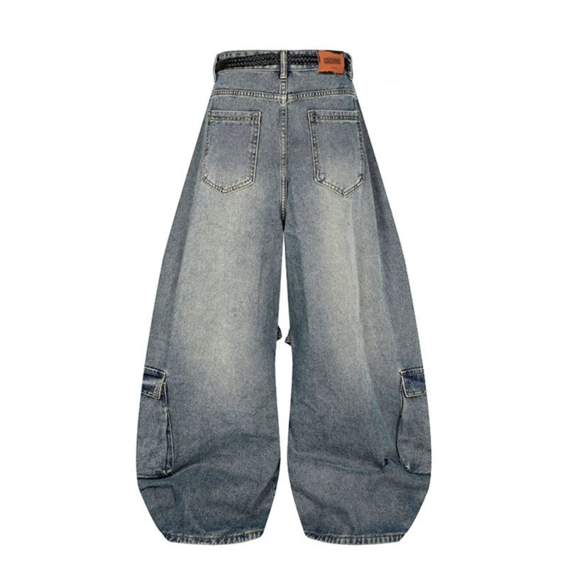 Women's wide denim cargo pants in balloon cut with large patch pockets and braided belt Chichicherry