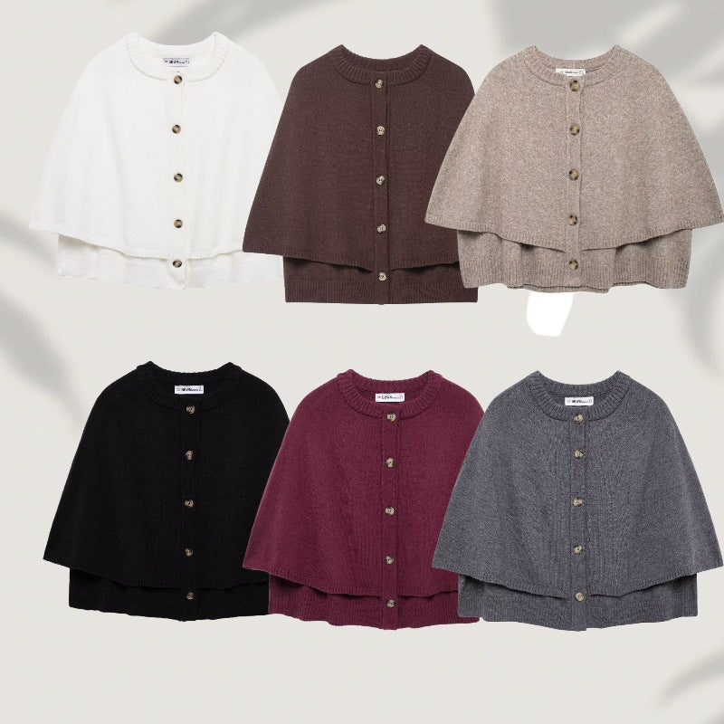 Women's Button-Front Knit Cape with Double Layer and Round Neckline Chichicherry