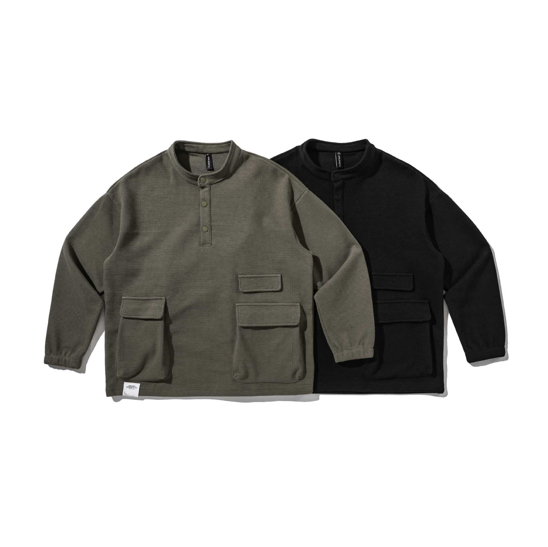 Men's Waffle Knit Henley Sweater with Stand Collar, Snap Placket, and Large Utility Pockets Chichicherry
