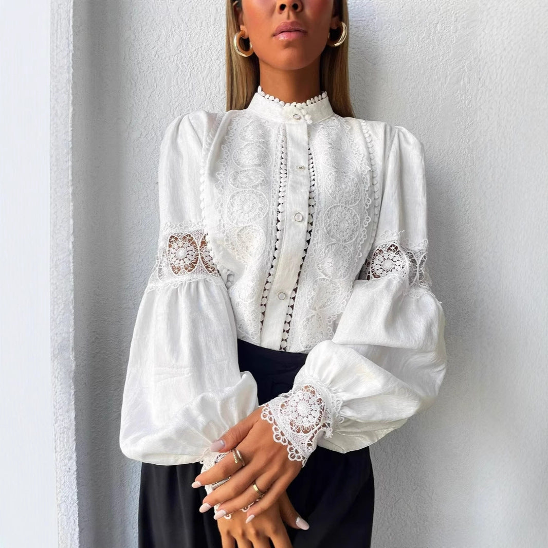 Women's Elegant Lace Blouse in Vintage Style with Stand Collar and Balloon Sleeves Chichicherry
