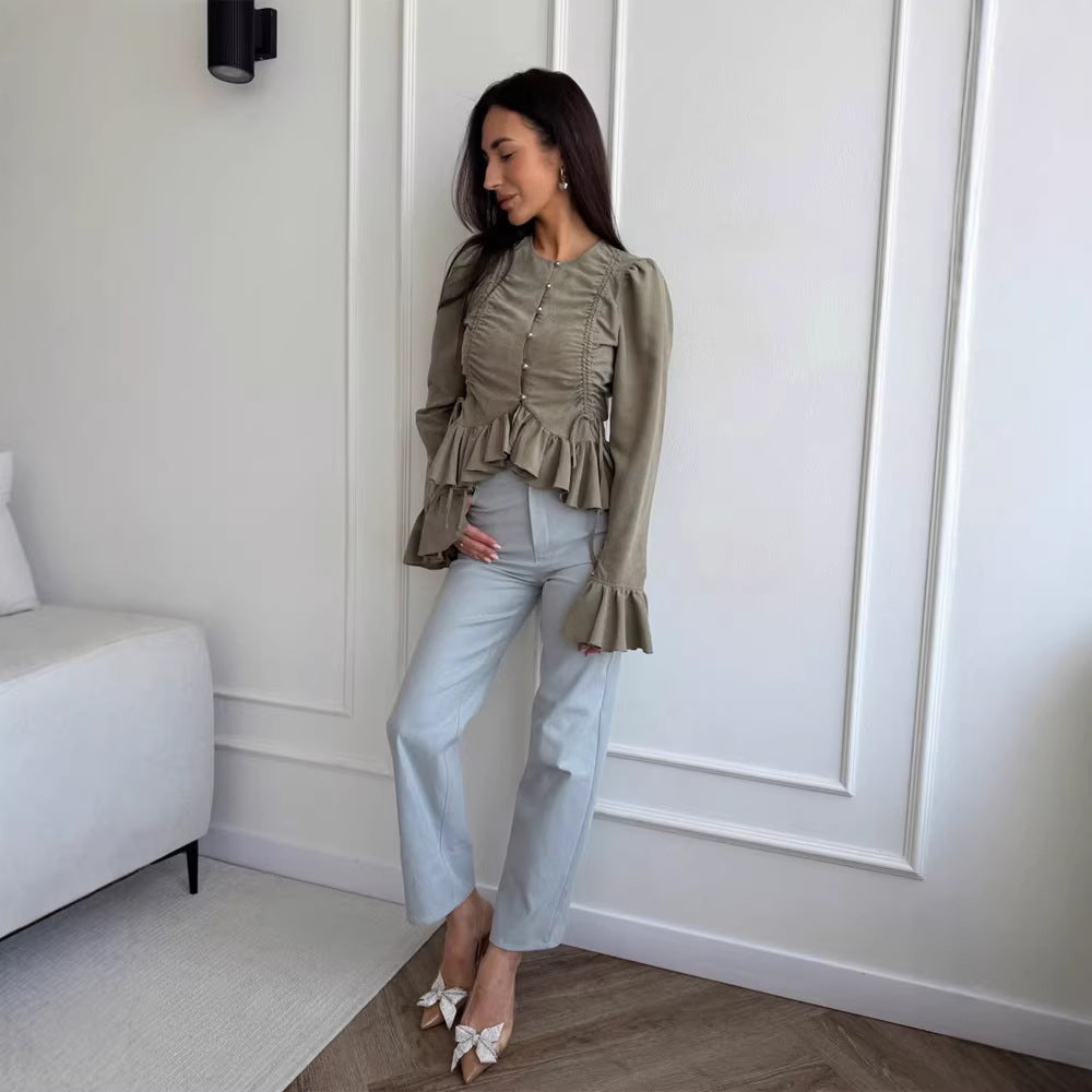 Women's Ruffled Fitted Blouse with Peplum & Puff Sleeves Chichicherry