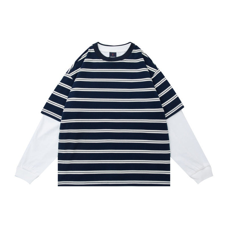 Unisex Layered Look Long Sleeve Shirt with Striped Oversized Top and Inserted Inner Sleeves Chichicherry