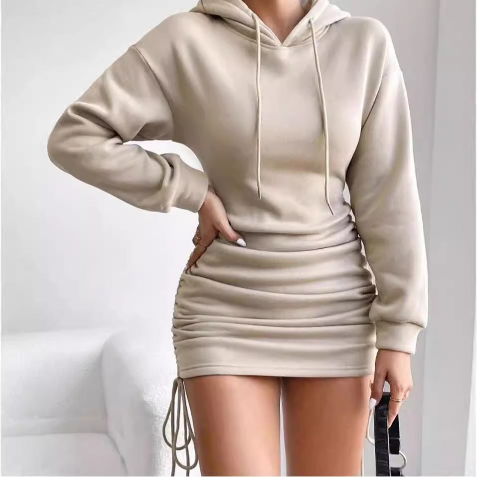 Damen Kapuzenkleid im Sweatshirt‑Stil mit gerafftem Minirock und Kordelzügen Chichicherry
