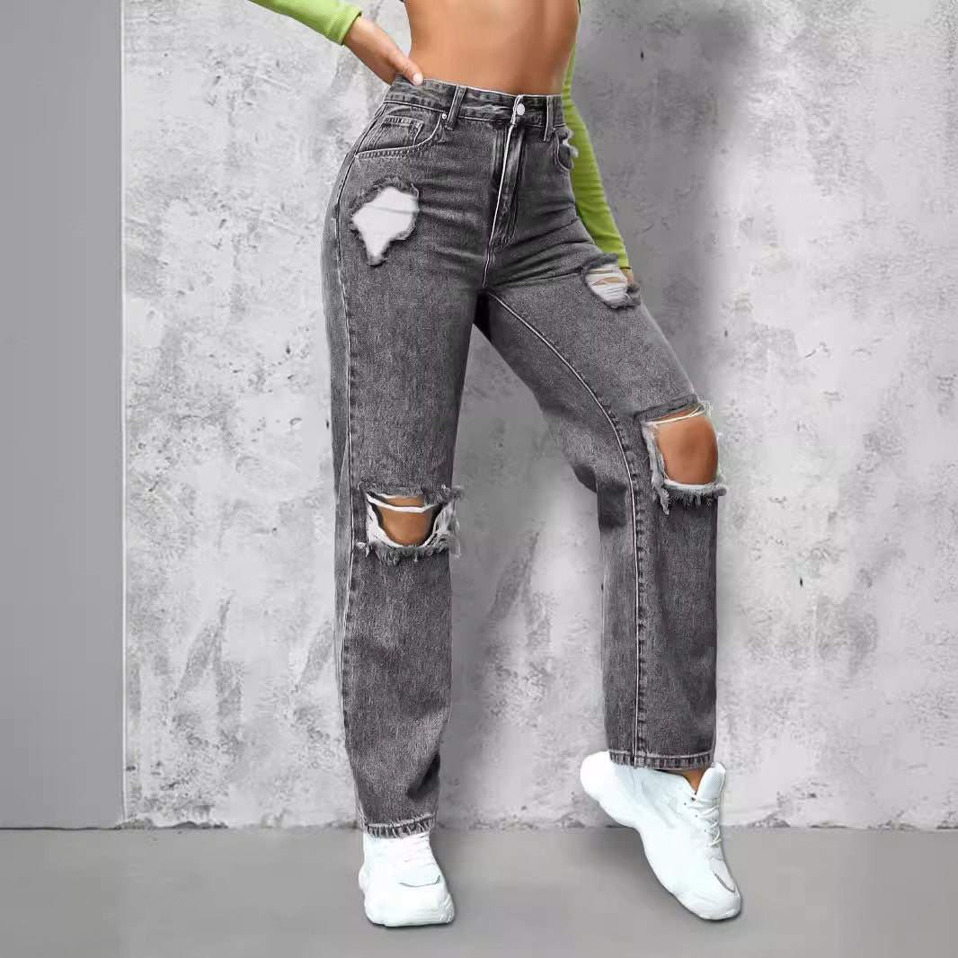 Ladies High-Waist Ripped Straight-Leg Jeans with Knee Cutouts and Used Wash Chichicherry