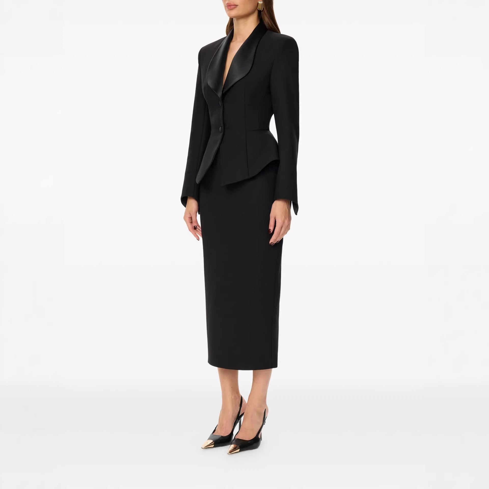 Women Tailored Blazer with Peplum Satin Shawl Collar and Slim Silhouette Chichicherry
