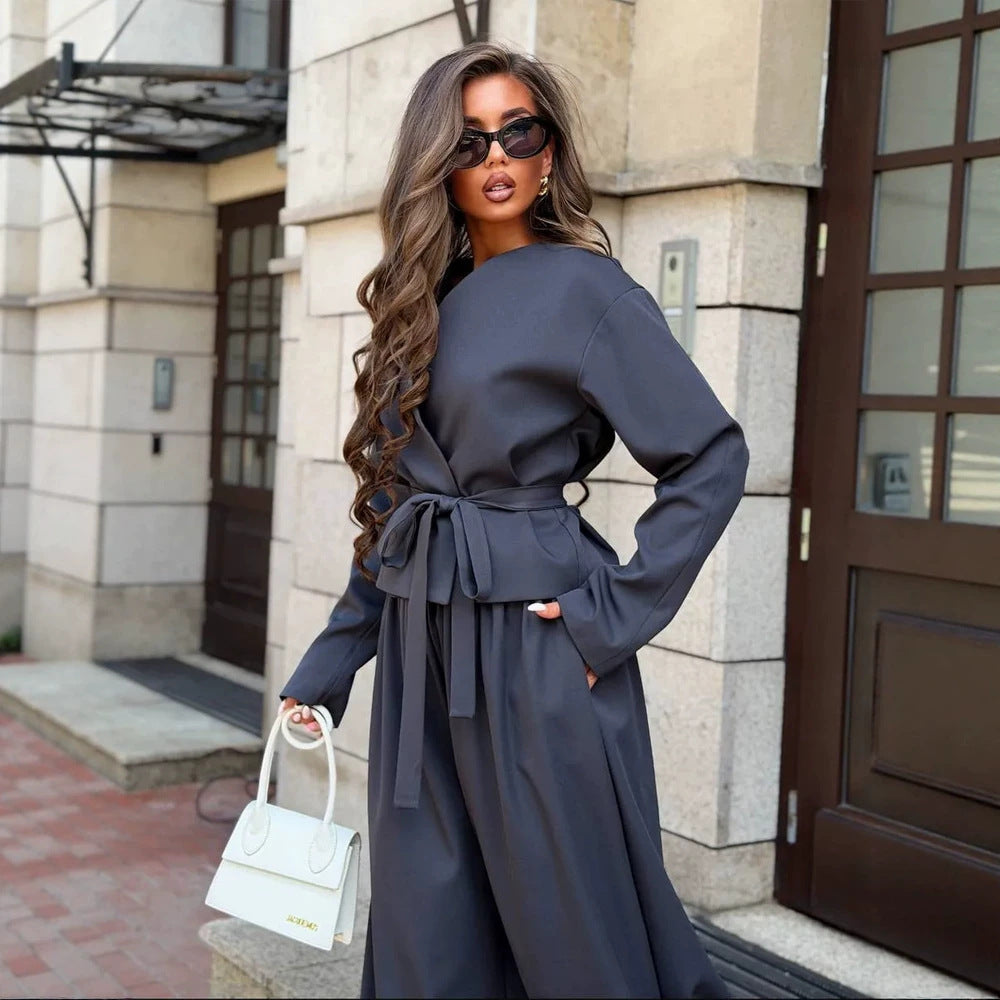 Women's Elegant Two-Piece Set with Wrap Jacket and Wide Pleat Trousers Chichicherry